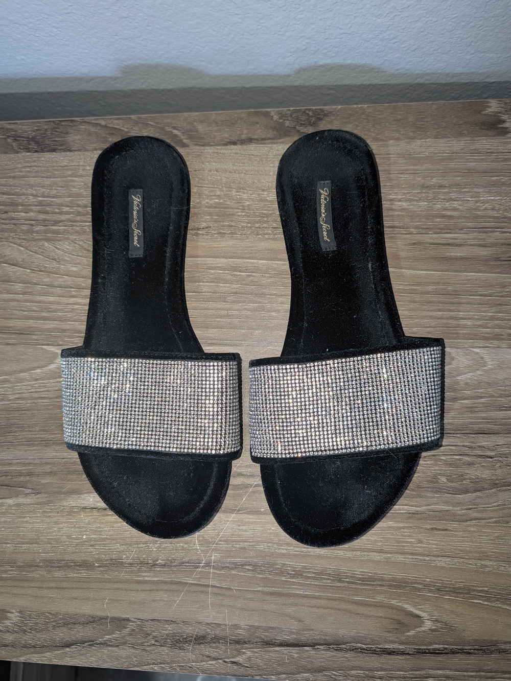 Victoria's Secret Black Slide Sandals with Sparkling Crystal Band